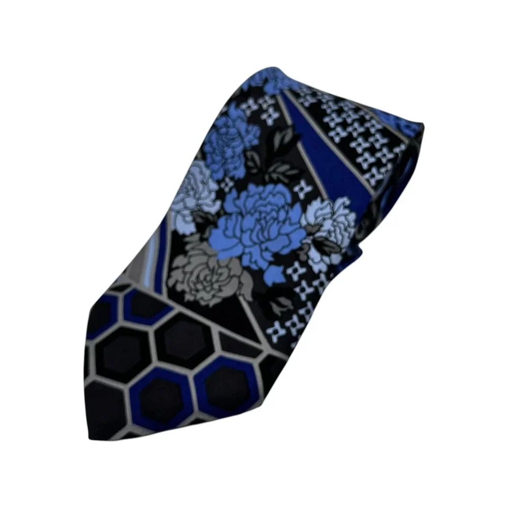 Versace Mens 100% Silk Tie Blue Black Floral Geometric Designer Necktie 60
